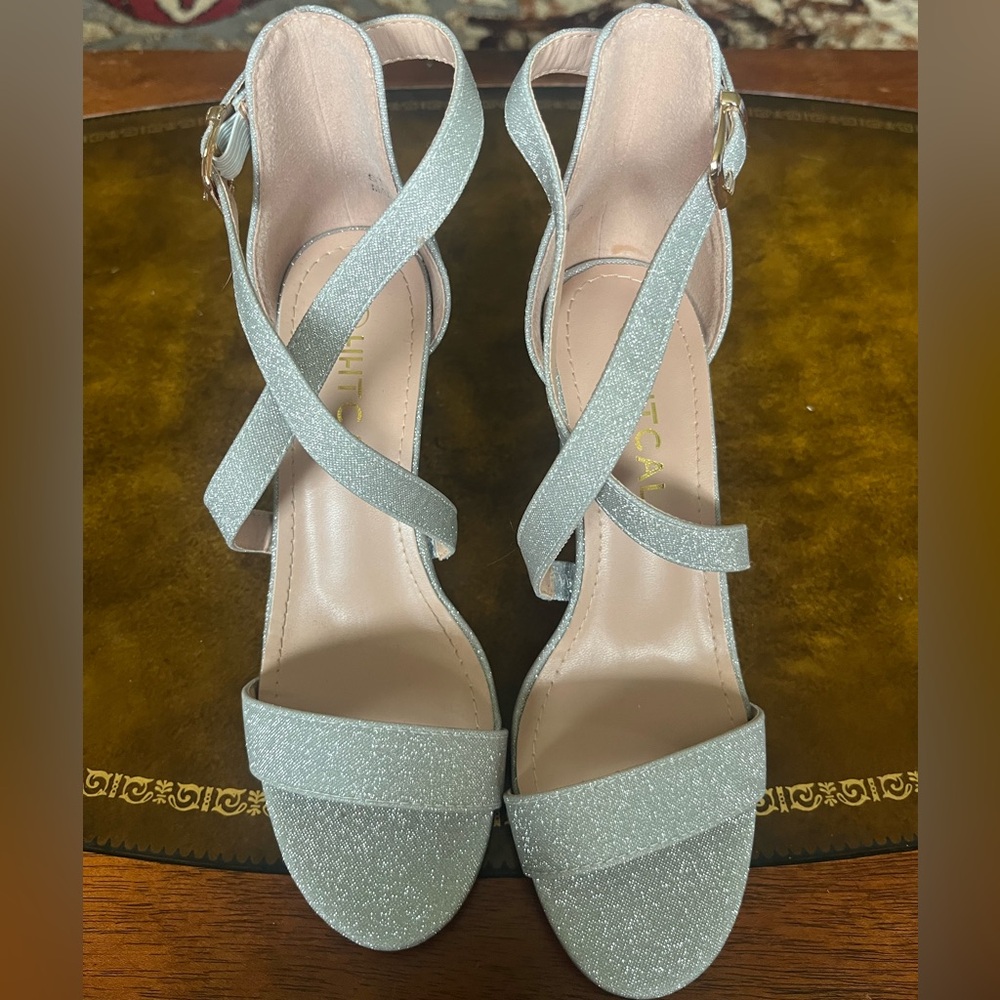 Elegant Silver Cross Strappy Block Chunky Heels